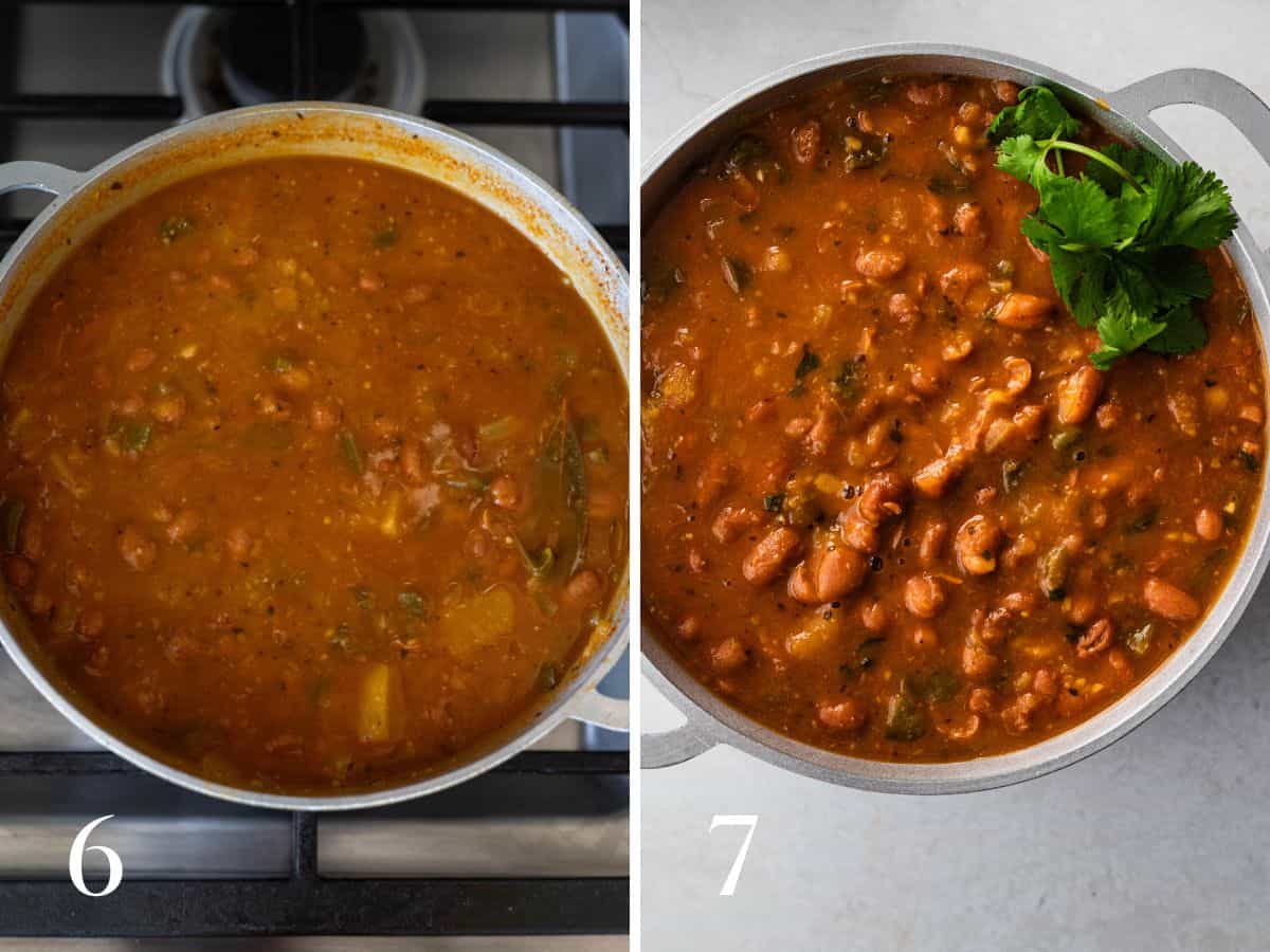 Cooked, thickened habichuelas guisadas on stovetop.