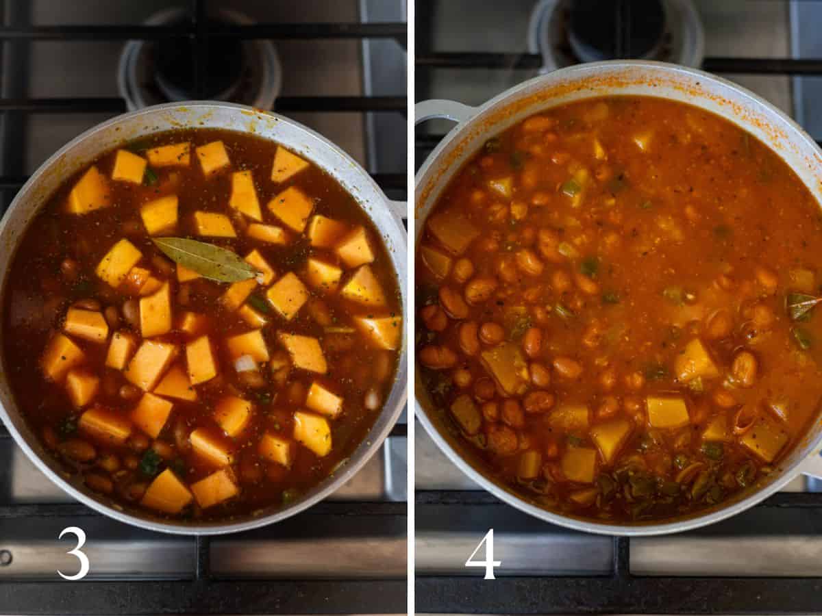 habichuelas guisadas in a pan on stivetop with squash, water and tomato sauce added (left), simmering on the right.