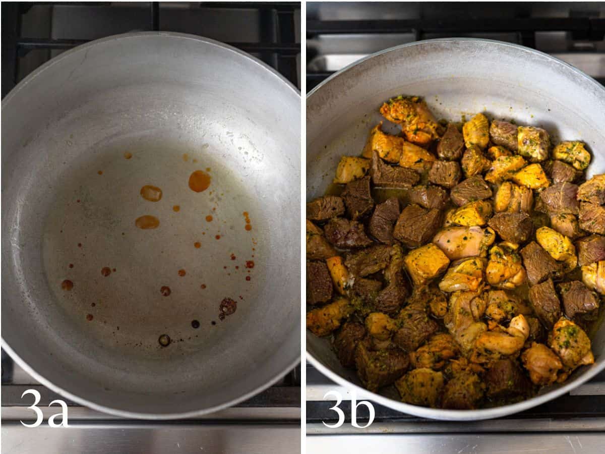 Heat oil and caramelize sugar (left image) brown the chicken, beef and pork (right image).