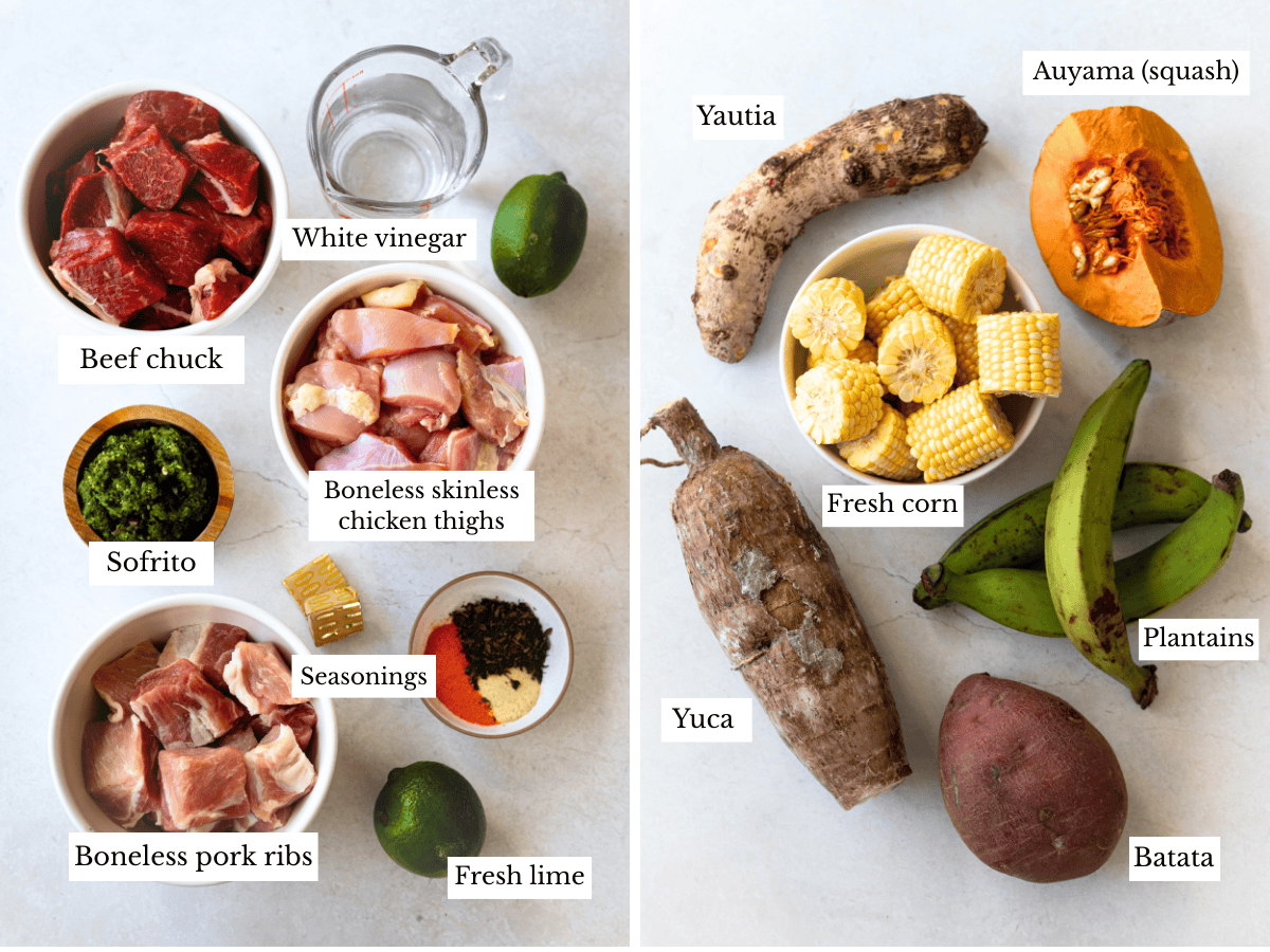 side by side ingredient photos - meats and seasonings on the left, root vegetables on the right.