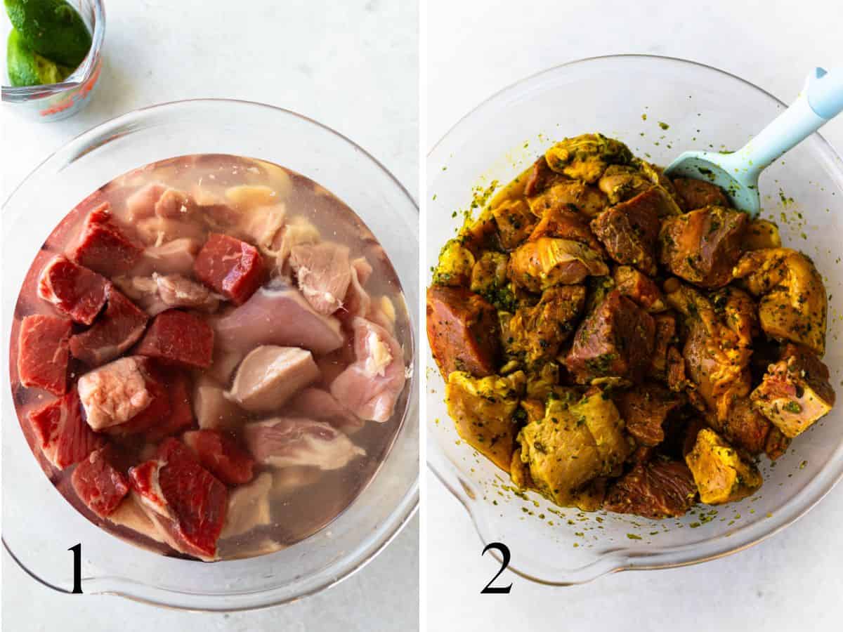 Pieces of beef, pork and chicken soaking in a bowl of vinegar and lime juice (left) and seasoned with adobo, sazon, salt, pepper and dominican oregano on the right.