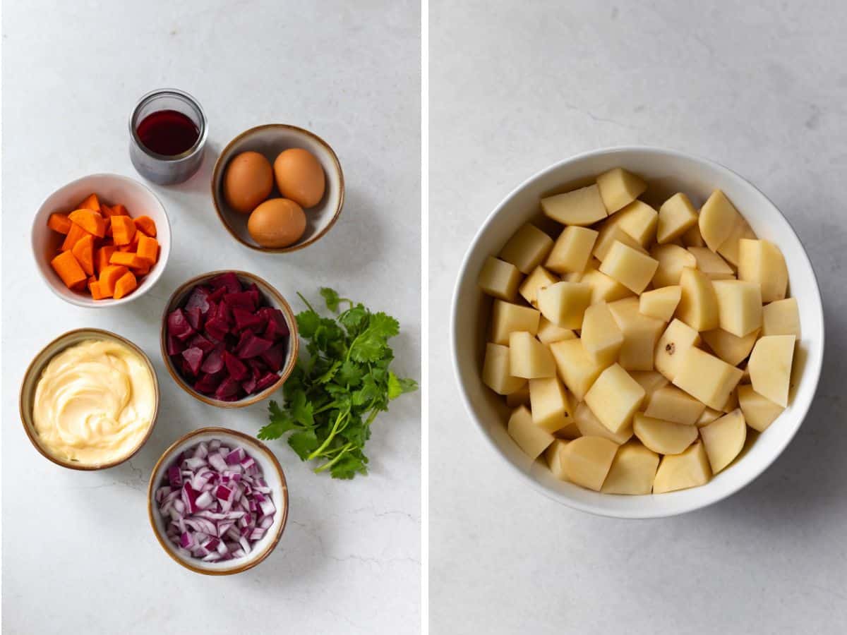 Ingredients needed to make Dominican potato salad with beets.