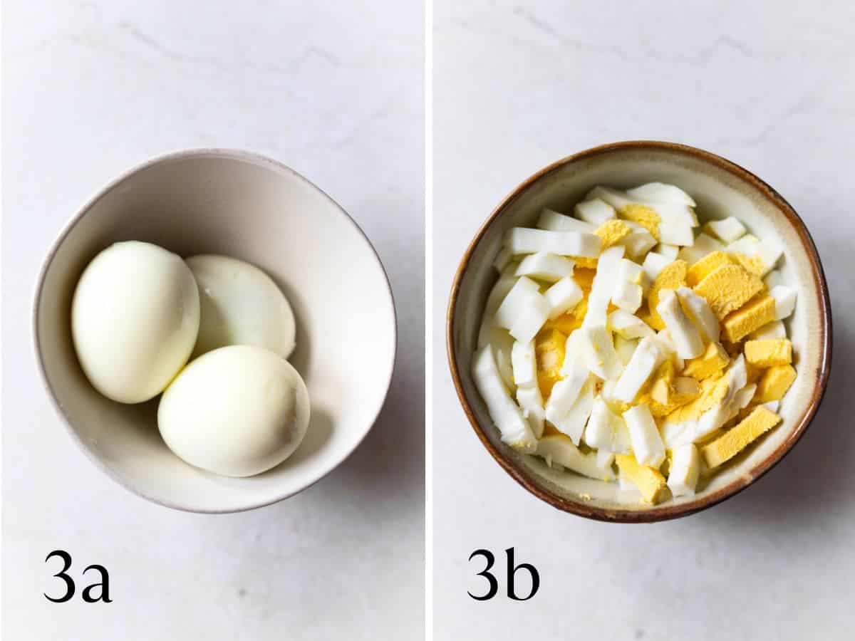 Peeled, boiled eggs in a white bowl (left), shown chopped in a small dish on the right.