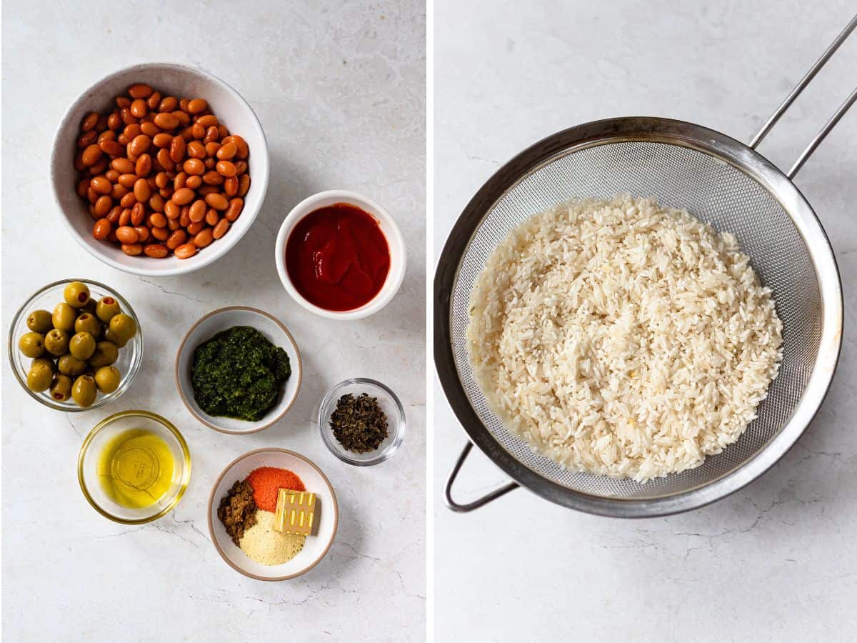 Ingredients needed to make Dominican rice and beans. Beans, herbs, spices, tomatoes, on left. Washed rice in a strainer on right.