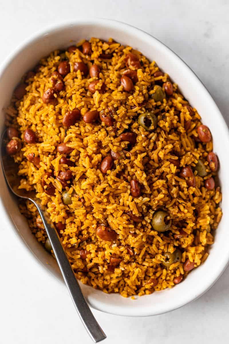 Dominican moro rice and beans in an oval dish.