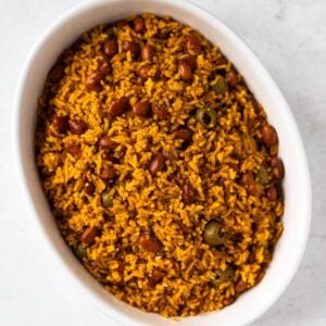 Dominican moro rice and beans in an oval dish.