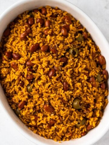 Dominican moro rice and beans in an oval dish.