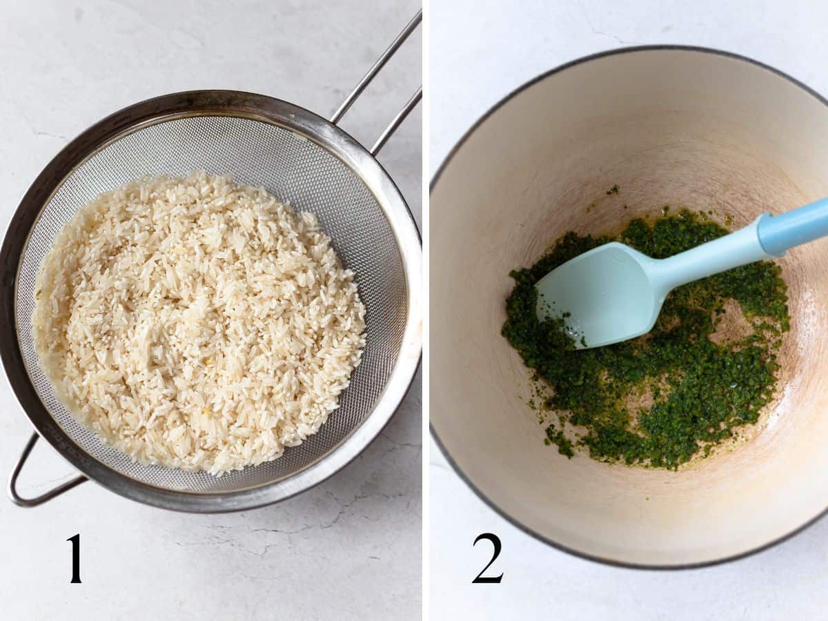 Rinsed rice in a mesh strainer (left), sauteed sofrito in a white pan (right).