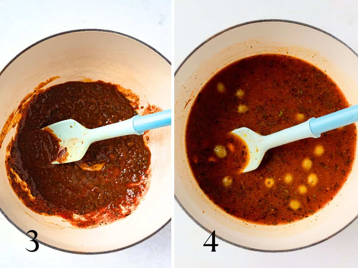 Recipe step showing user sauteed tomato sauce and seasonings in a white pan.