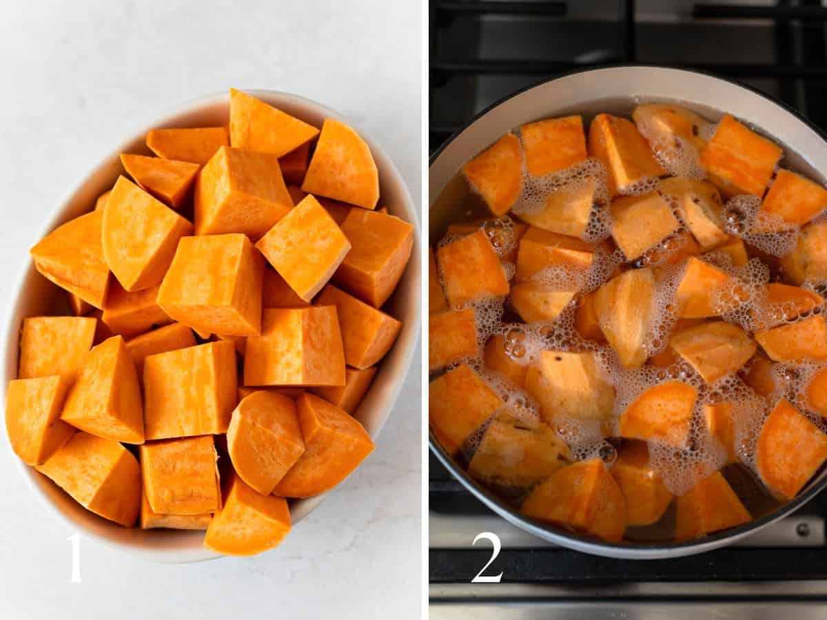 Peeled and diced sweet potatoes (left), boiled sweet potatoes in a pot (right).