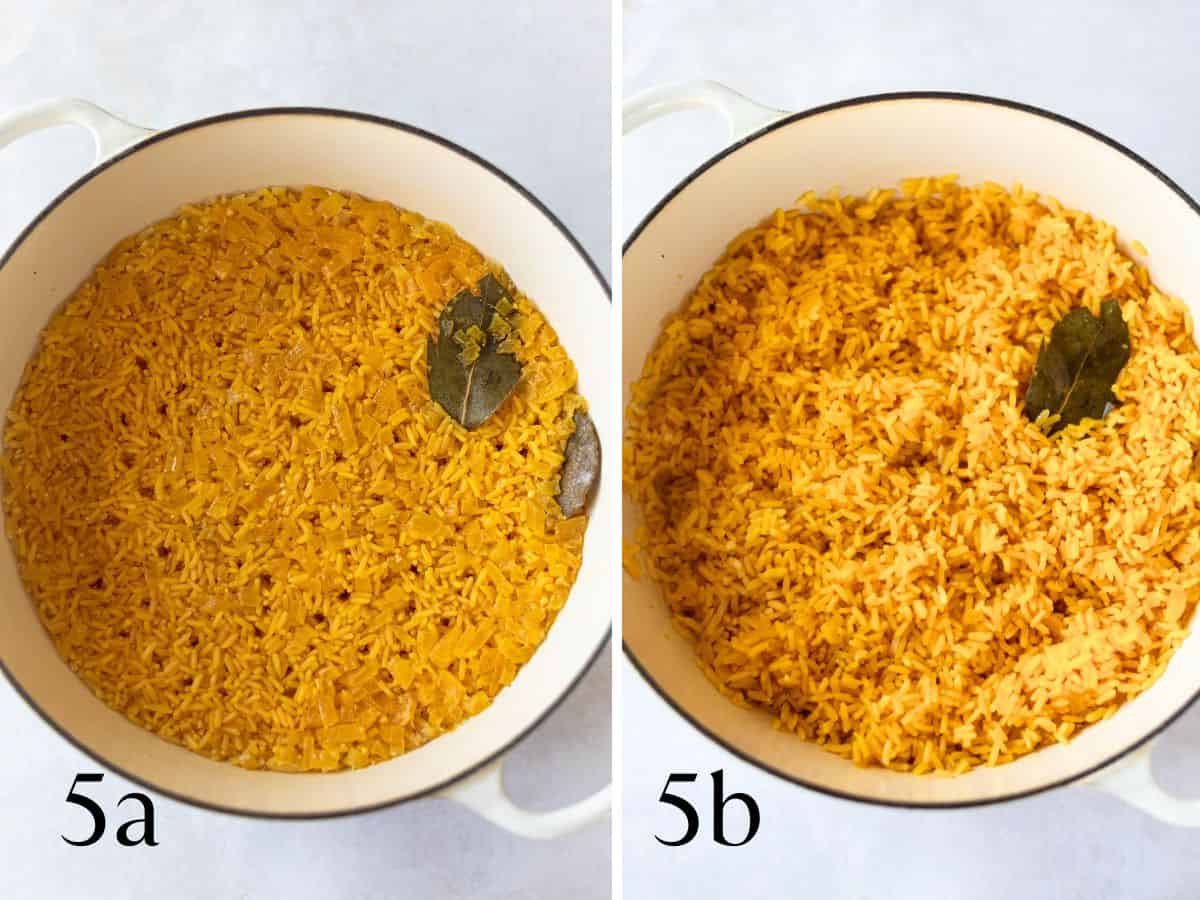 cooked yellow rice in a white pot (left), fluffed rice is shown on the right.