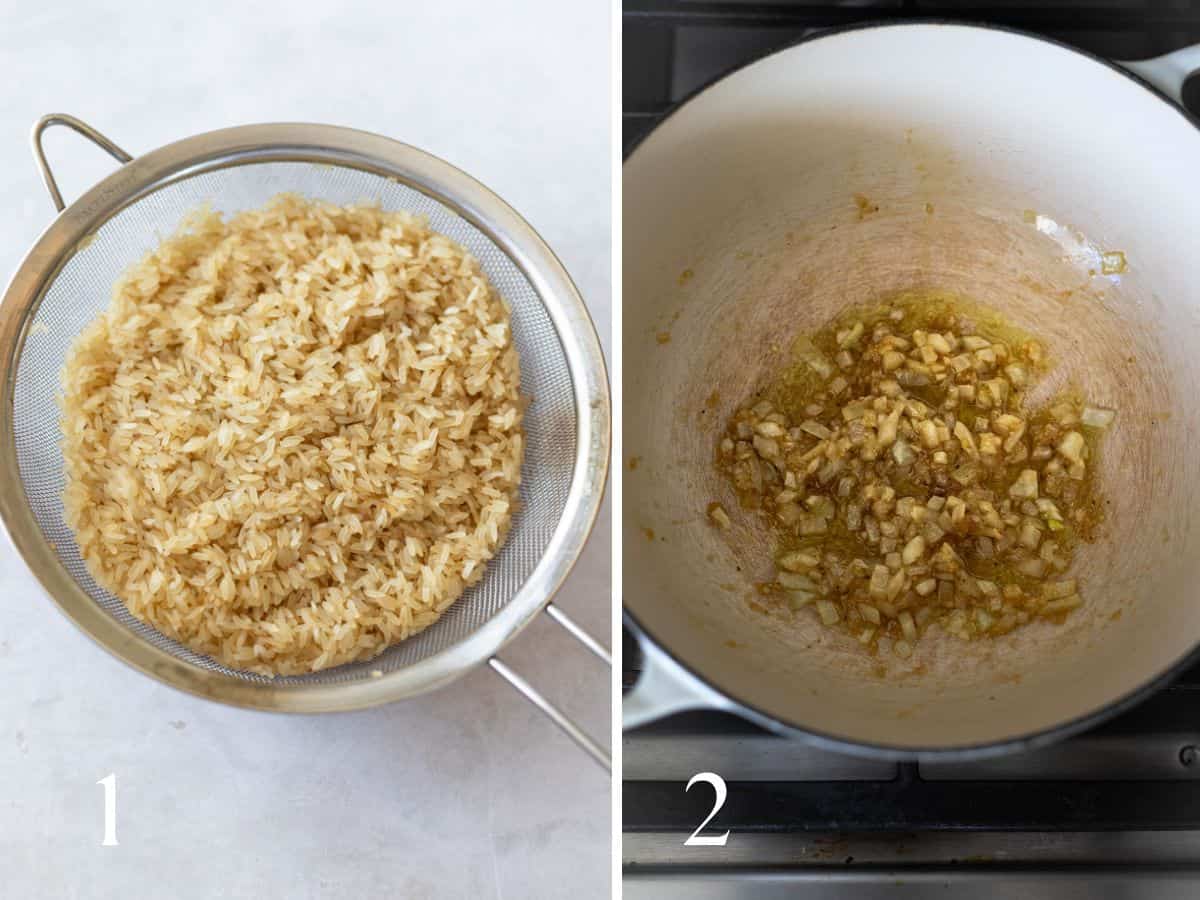 rinsed drained rice in metal strainer (left), sautéed onions and garlic in olive oil (right).