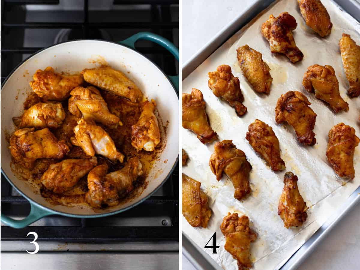 Seared and seasoned mozambique chicken wings on stovetop (left), right shows the wings after they are baked.