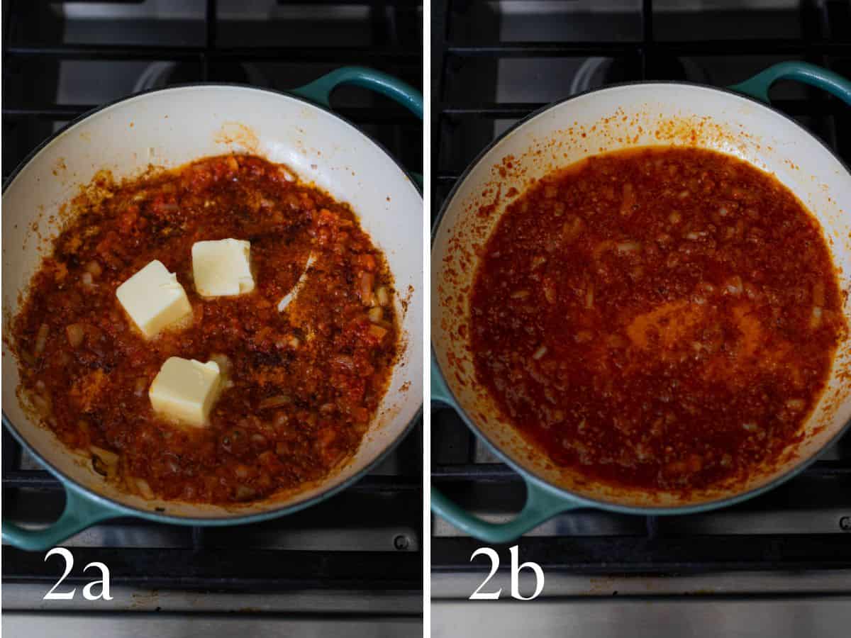 Butter and seasonings added to the pan with the garlic and onions.