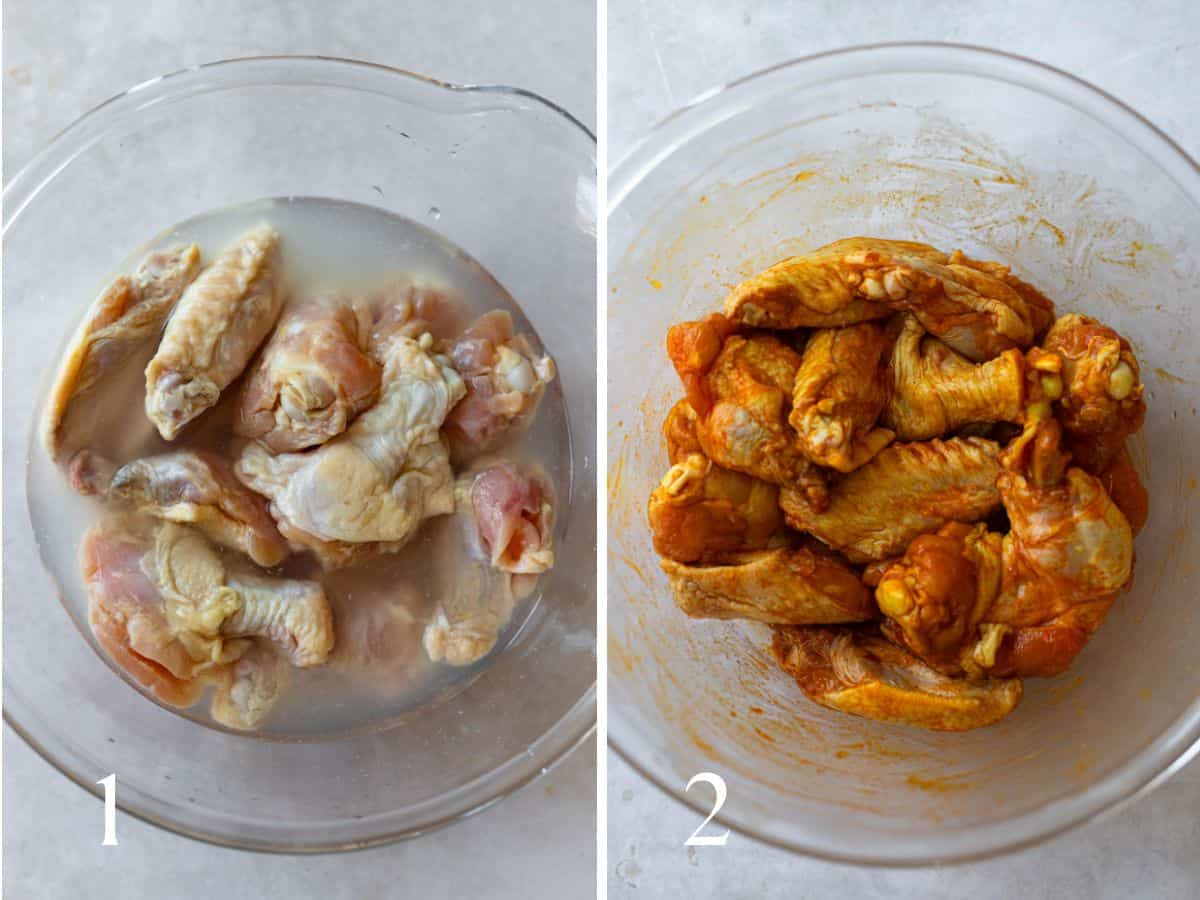 Chicken wings soaked in water and vinegar (left), seasoned in a glass bowl (right)