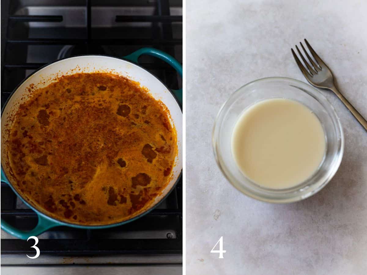 reduced mozambique sauce (left), slurry used to thicken sauce (right).