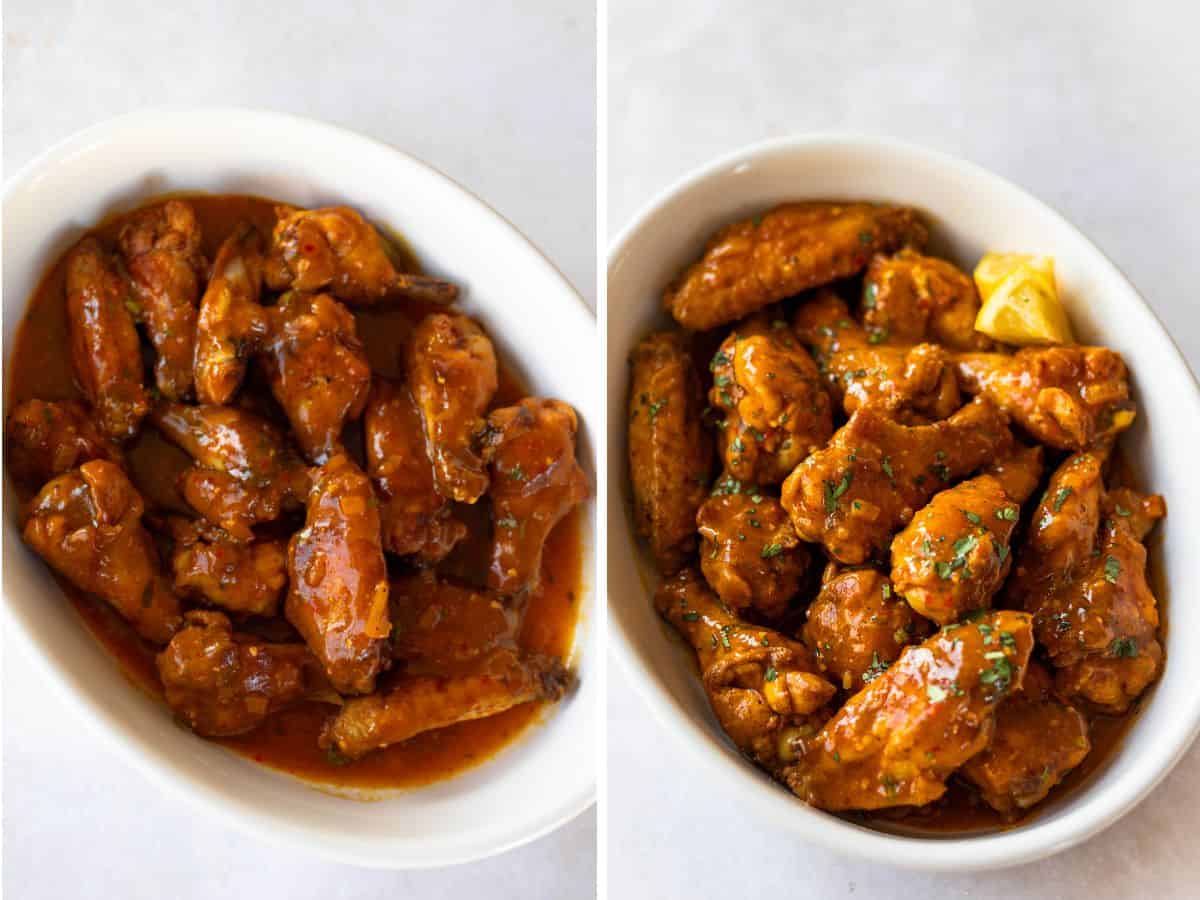 Chicken wings tossed in Mozambique sauce and garnished with lemon and cilantro.