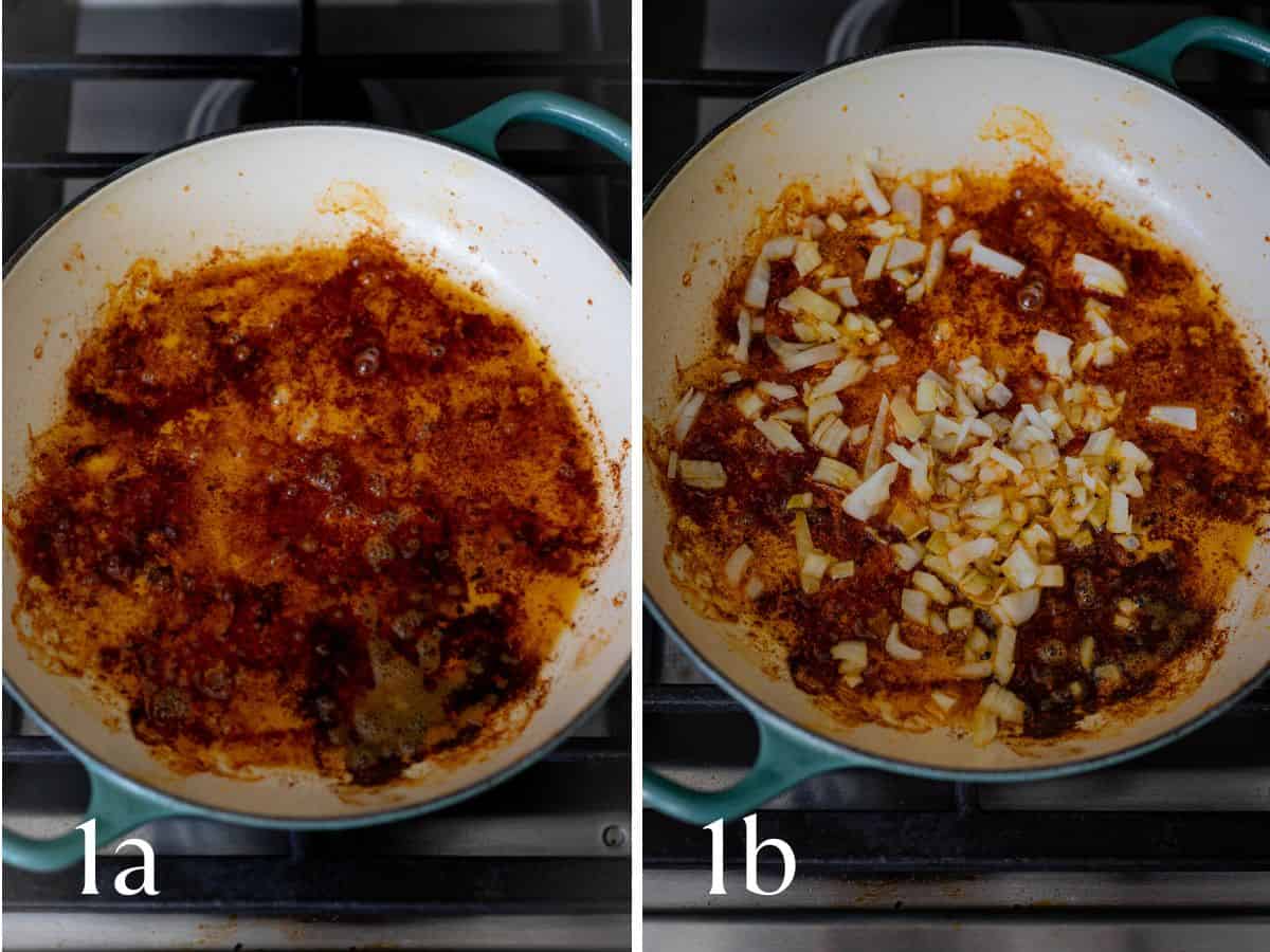 Pan with drippings from chicken (left), photo on right shows reader how to sauté onions and garlic.
