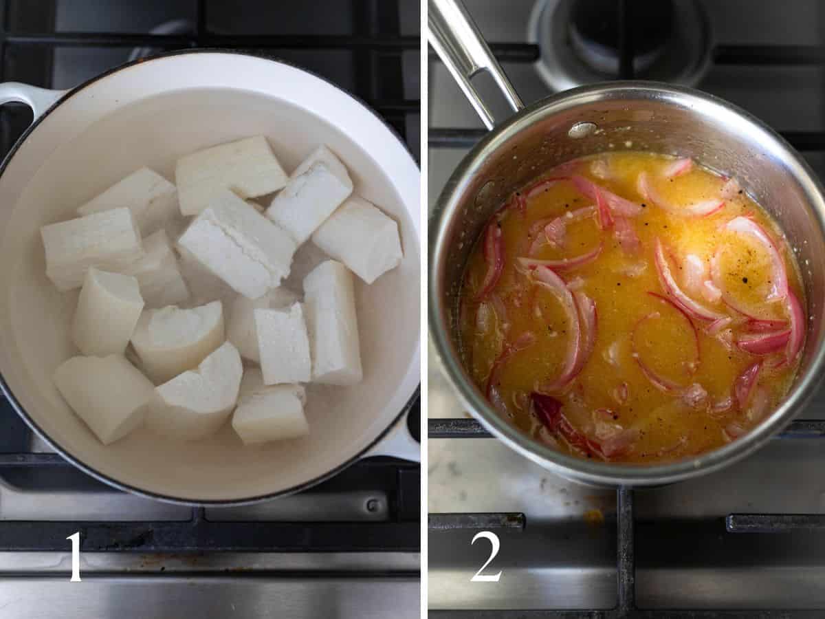 yuca boiling on the stove (left image), onions and mojo simmering in a pan (right side)